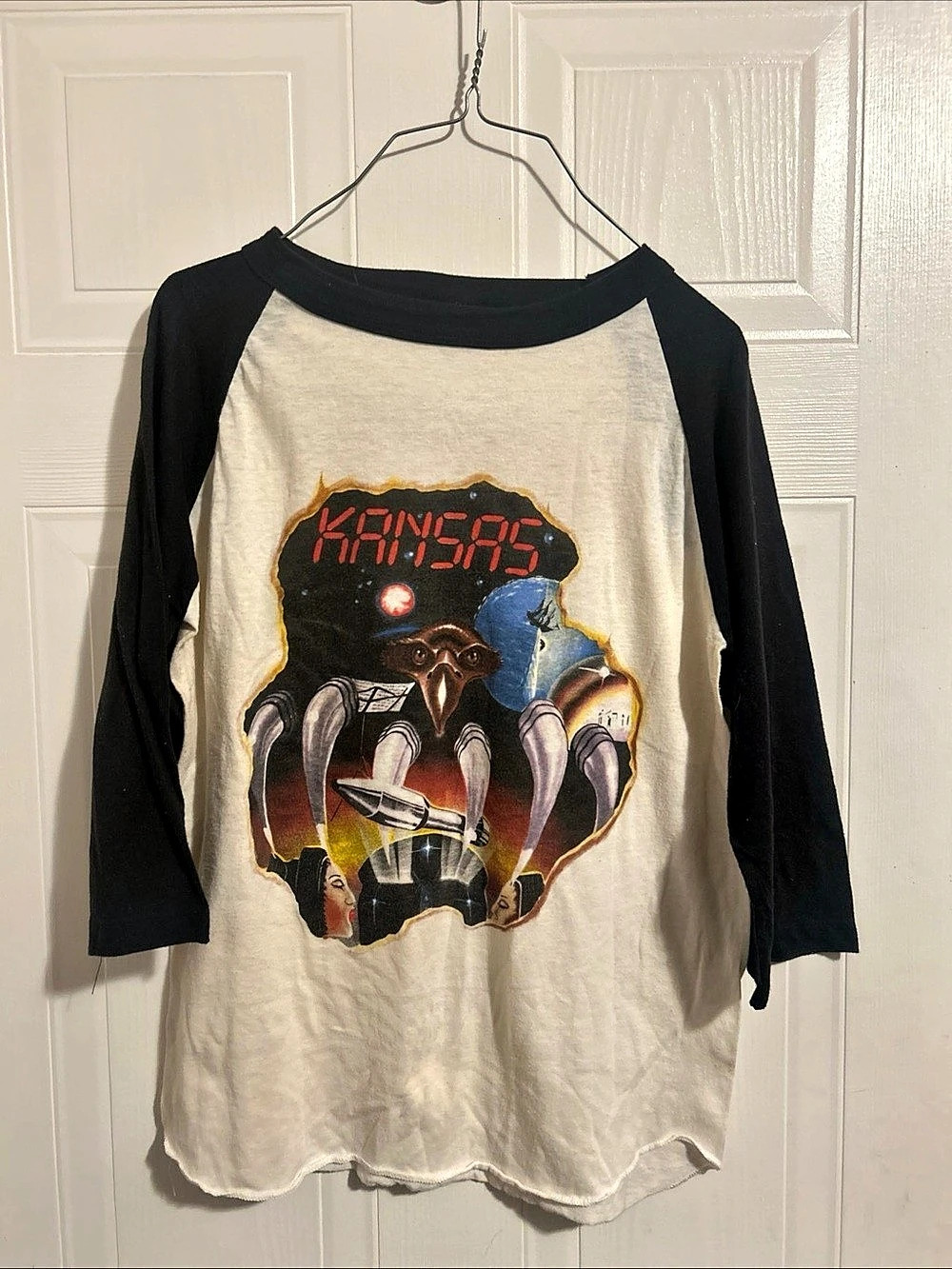 Kansas Masque Album Cover Vintage Raglan T-Shirt in Black & Cream